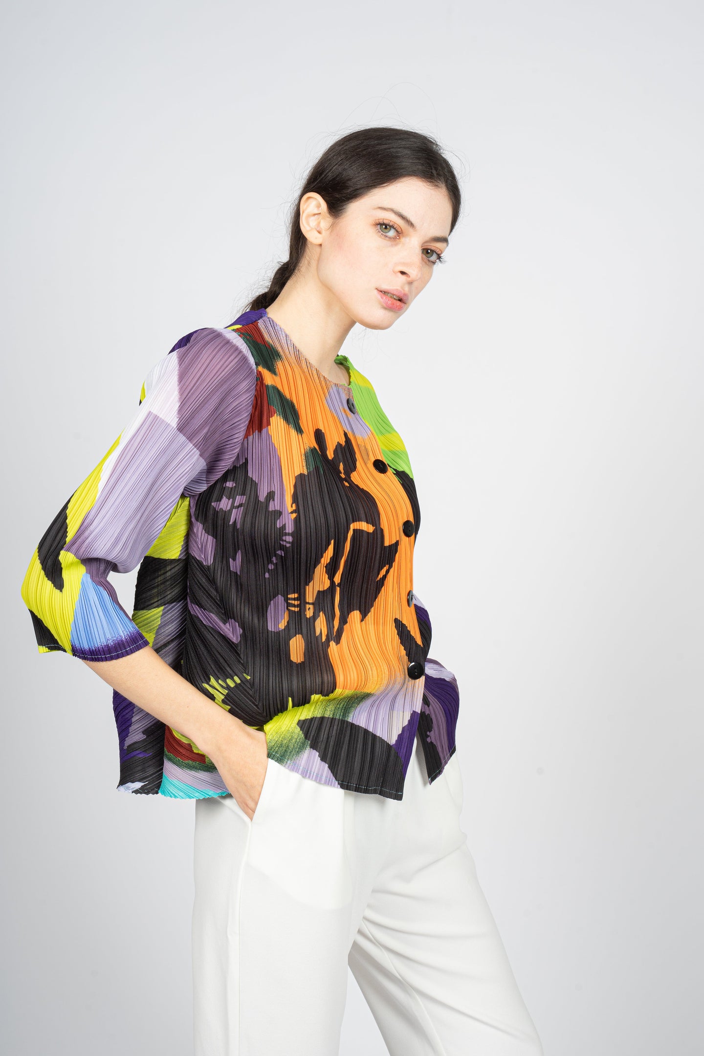 Pleated Cropped Top in Abstract Overall Print