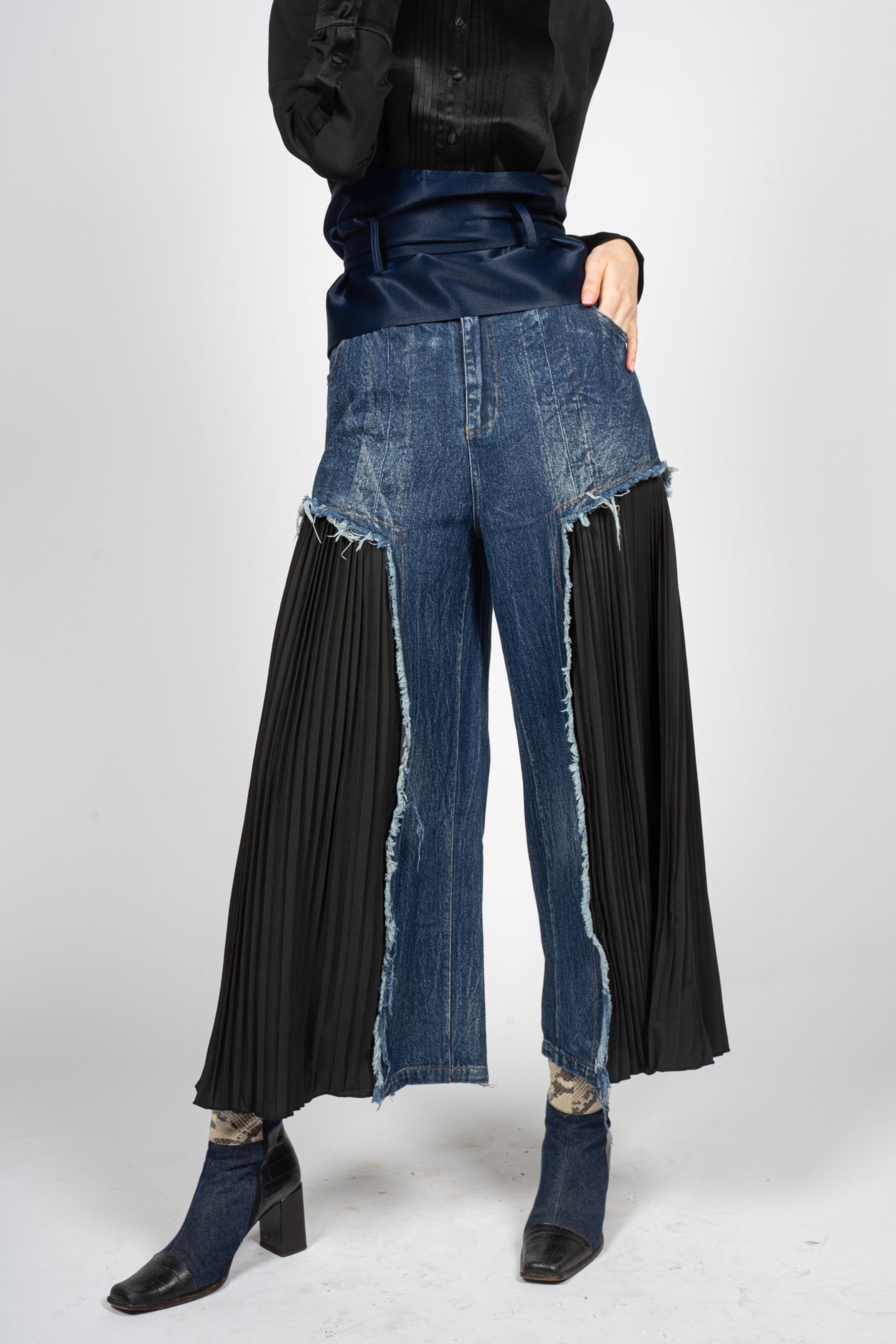 Fitted Denim Trousers with Pleated Cotton Panels