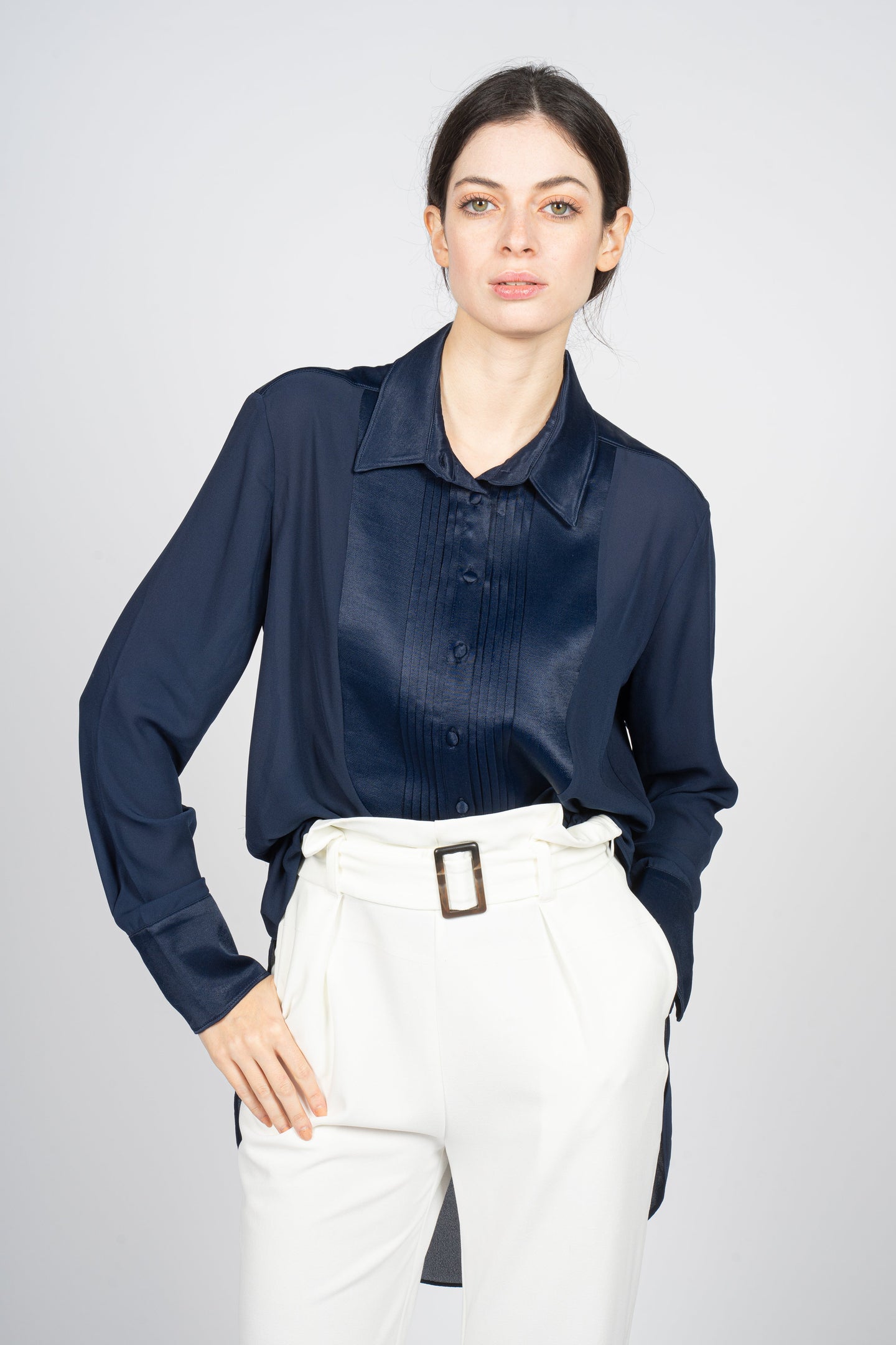 Blue Kaftan Shirt with Pleated Plastron