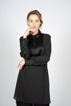 Load image into Gallery viewer, Black Kaftan Shirt Dress with Pleated Plastron
