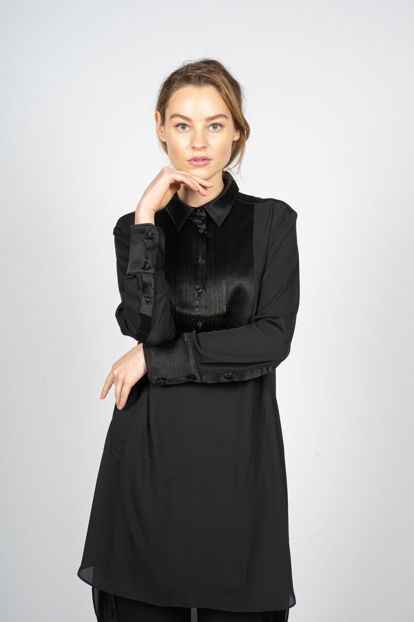 Black Kaftan Shirt Dress with Pleated Plastron