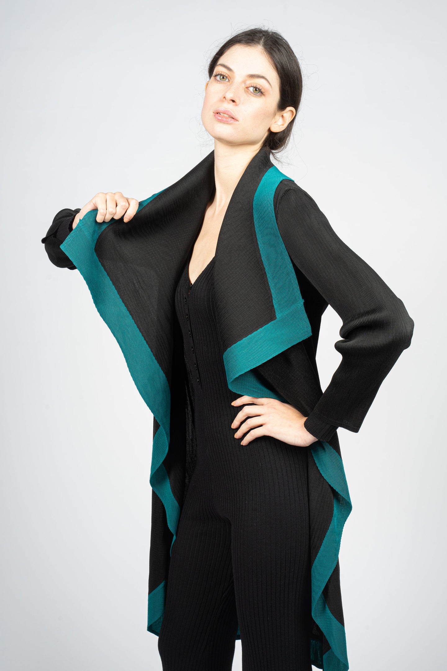 Black Pleated Vest with Cascading Collar